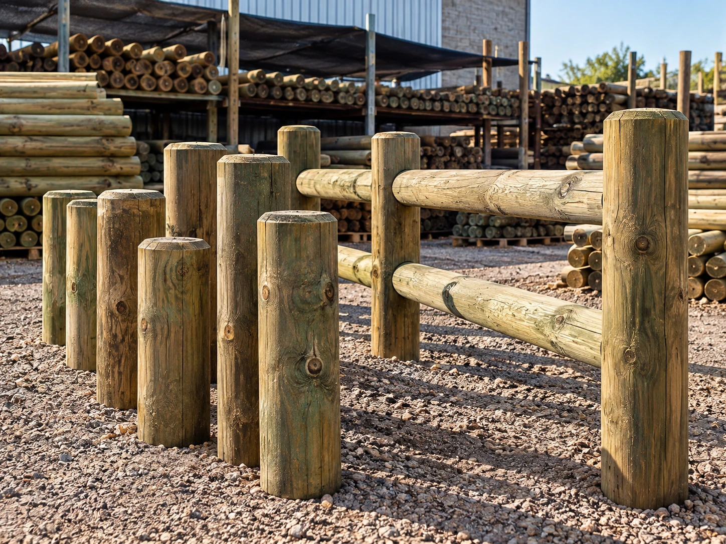 Wooden bollards and post-and-rail